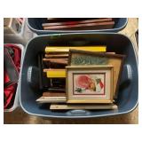 Lot of Assorted Picture Frames and Framed Prints in Storage Tote