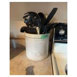 Stoneware Crock with Assorted Kitchen Utensils