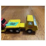 Tonka Pressed Steel Yellow Semi Truck with Lowboy Trailer and Red Fire Engine Toy