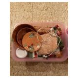 Storage Tote Containing Wooden Bowls, Hand-Painted Platter, and Holiday Decor