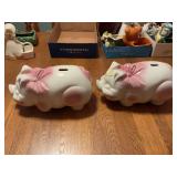 Pair of Ceramic Piggy Banks with Pink Bows