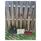 Assorted Yard Tools Including Rake and Snow Shovels