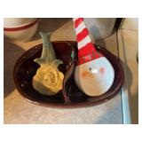 Ceramic Brown Glazed Divided Bowl with Two Decorative Spoons