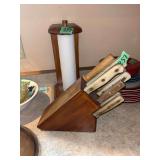 Wooden Knife Block with Knives and Wooden Paper Towel Holder
