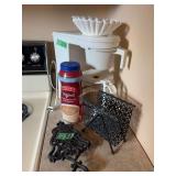 Kitchen Appliance and Accessory Lot Featuring Coffee Maker, Trivet, and Napkin Holder