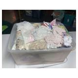 Large Tote Bin Filled with Assorted Lace Trims, Ribbons, and Craft Textiles