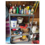 Shelf Lot Containing Automotive Fluids, Cleaning Supplies, Hardware, and Miscellaneous Shop Items