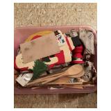 Lot of Holiday Wooden Decor and Kitchen Utensils in Storage Bin