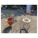 Metal Garden Decor Grouping Including Chair and Planter Stands