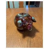 1957 Hull Pottery Corky Pig Ceramic Piggy Bank Brown Turquoise Drip Glaze