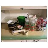Assorted Kitchenware Collection Featuring Pitchers, Drinking Glasses, and Ceramic Items