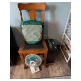 Assorted Household Group: Oak Chair, Super Electric Fan, Striped Bag, and Paper Shredder