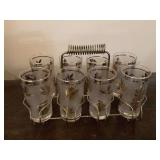 Frosted Glass Tumbler Set with Metallic Leaf Pattern and Caddy