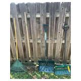 Assorted Yard Tools Rakes and Snow Shovels Set of Four