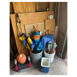 Assorted Garage Lot with Plywood, Folding Chairs, and Outdoor Gear