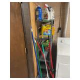 Assorted Cleaning Supplies, Mops, and Storage Shelf Lot