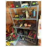 Assorted Automotive and Shop Tools on Metal Shelving Unit
