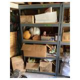 Rack Contents Lot 667 with Holiday Decorations, Figures, and Storage Boxes