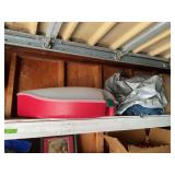 Assorted Garage Shelf Storage Lot with Pet Carrier and Household Goods