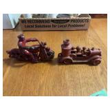 Cast Iron Motorcycle and Fire Engine Toy Vehicles Lot