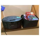 Sony Boombox and Assorted Board Games and Playing Cards in Carrying Bag