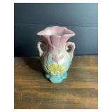 Hull Art Pottery Pink and Teal Floral Double Handled Vase USA 4-13
