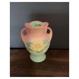 Hull Art USA Pottery 57-5½ Pink and Green Floral Vase with Handles