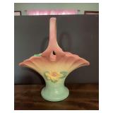 Hull Pottery Magnolia Pattern Pastel Pink and Blue Ceramic Basket Vase