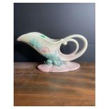 Ceramic Cornucopia Vase with Floral Relief and Scroll Handle