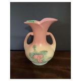Hull Pottery U.S.A. Art Pottery Vase Double Handled Pink and Blue with Floral Motif