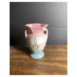 Hull Pottery USA Eglantine Pink and Blue Double Handle Vase 516-4 1/2