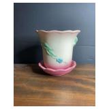 Hull Pottery Pink and Green Floral Planter with Saucer W11-5 1/2 USA