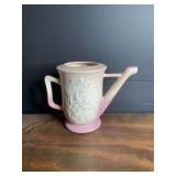 Pink and White Ceramic Planter with Floral Relief and Spout Design