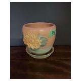 Ceramic Flower Pot Planter with Matching Saucer Relief Floral Design