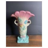 Hull Art Pottery Wildflower Double Handle Vase Pink Blue Matte Glaze USA 3-8-8 1/2