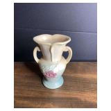 Hull USA Ceramic Double Handled Vase with Floral Relief S17-4 1/2