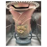 Roseville Pottery Baneda Double Handled Vase Pink and Blue Floral Relief