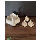 White Ceramic Swan Planter and Three Matching Small Swan Dishes