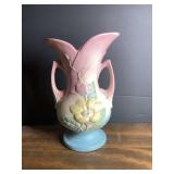 USA Pottery Floral Relief Double Handled Vase Pastel Glaze