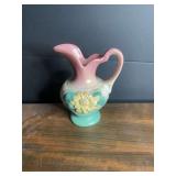 Hull USA Ceramic Pitcher Vase Floral Relief Pink Green Yellow