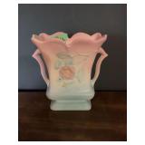Hull Pottery USA Pink and Blue Double Handle Vase with Floral Motif