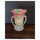 McCoy USA Pottery Two-Handled Pink and Blue Floral Vase