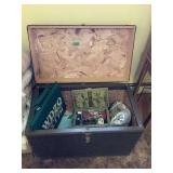Storage Chest with Assorted Contents Including Small Sewing Basket, Textiles, and WDZQ 95.1 FM Promotional Bag