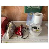 Assorted Small Appliances and Kitchenware Lot including Iron, Mixer, Salad Spinner, and Humidifier