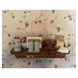 Wooden Wall Shelf with Assorted Kitchen Collectibles and Decor