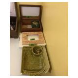 Assorted Household Decor Lot Including Wooden Box, Picture Frame, and Ceramic Blue Cheese Spread Dish