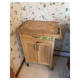 Rolling Wooden Kitchen Island with Butcher Block Top and Contents