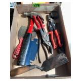 Assorted Hand Tools and Hardware Lot including Hammer, Snips, and Trowel