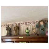 Green Glass Oil Lamp with Metal Burner and Multiple Angel Figurines