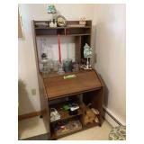 Wooden Roll-Top Desk with Shelving Unit and Assorted Contents